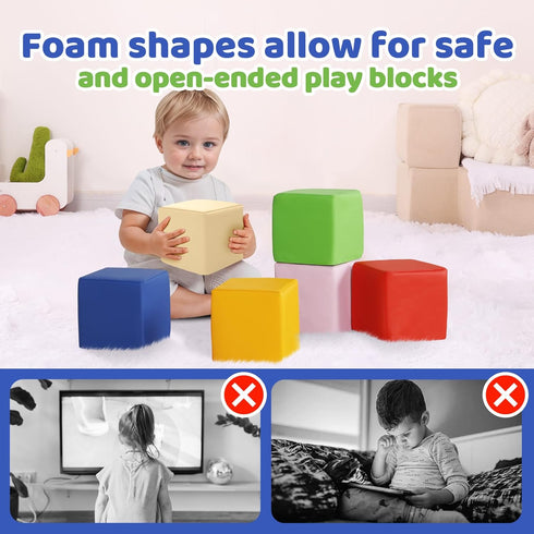 6Pcs Set Foam Building Toys for Toddlers: Waterproof PU Leather Soft Foam Blocks - Colorful Large Stacking Blocks