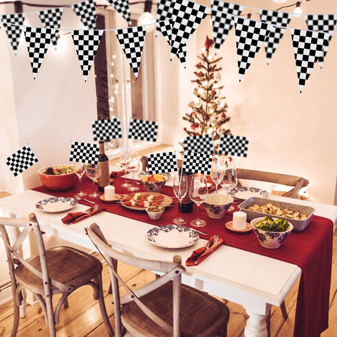 98ft Checkered Black & White Pennant Banner, Racing Flags with 20Pcs 11.8 Inch Plastic Sticks