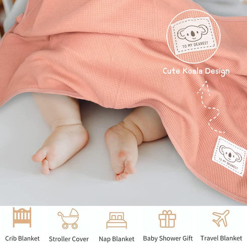 HOMRITAR 100% Cotton Baby Blankets for Girls, Soft Breathable Waffle Blanket with Cute Koala Design, 30 Inch Pink