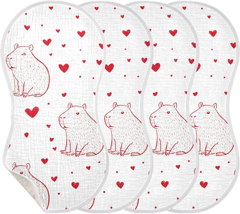 decor gift 4 Pack 22x11in Cotton Muslin Cotton Burp Cloths Easy Care Cartoon Capybaras Red Hearts White spit up Rags