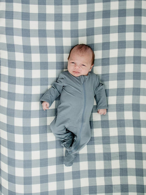 Dusty Blue Gingham Muslin Crib Sheet by Mebie Baby, Soft and Breathable Bed Sheets for Babies, Modern Neutral Bedding