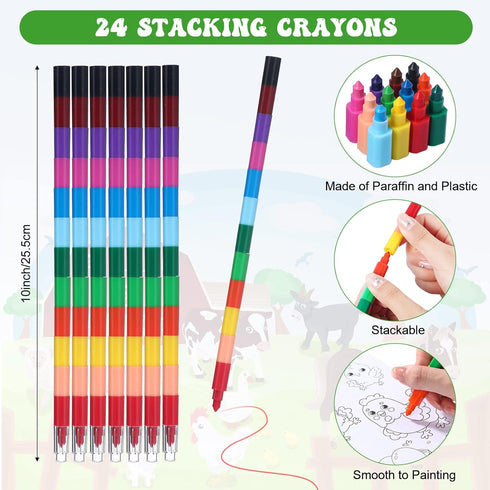 24 24 Funrous Pcs Farm Animal Coloring Books with Stacking Crayons Party Favors Holiday Activity Coloring Books Rainbow
