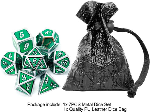 Haxtec 7 Die Metal DND Dice Set, Green Elven Goblin D&D Dice Compatible with Dungeons and Dragons RPG