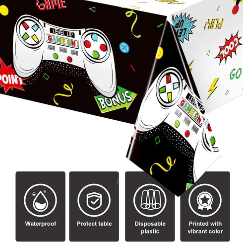 Tatuo 3 PCS Video Game Table Cover - Game Theme Plastic Table Cloth for Boys Girls Kids, 54 x 108 Inch (Cool Black)