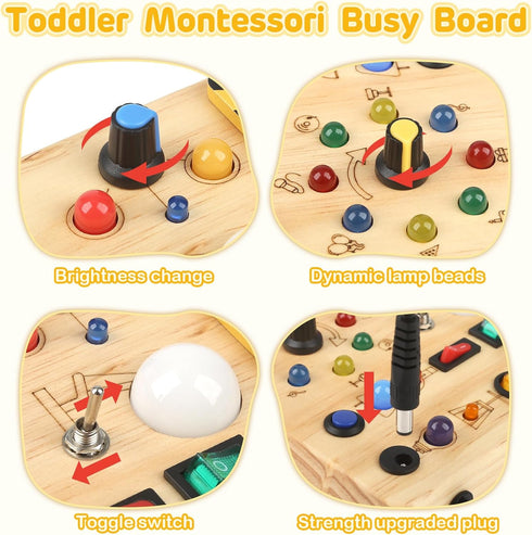 1-3,Montessori 1 2 3 LED Busy Board for Toddlers Sensory Toy with Key Switch and Plug, Light Up Wood Activity Switch