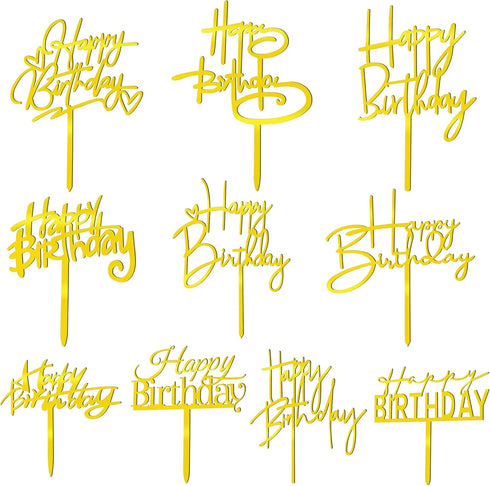 10 PCS Gold Acrylic Happy Birthday Cake Topper, Cupcake Topper Birthday Supplies Decorations