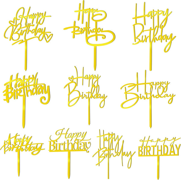 10 PCS Gold Acrylic Happy Birthday Cake Topper, Cupcake Topper Birthday Supplies Decorations