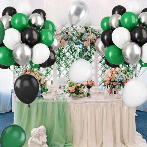 Paready Green Black Balloons - 60 Pcs 12 Inch Dark Green Metallic Silver Balloons for Party Decorations
