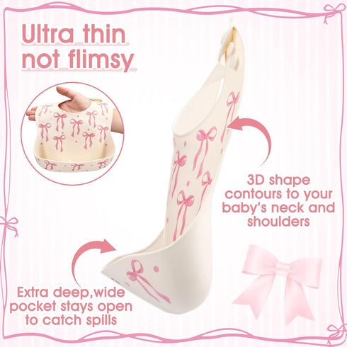 Remerry Silicone Bib for Baby Girls, Pink Waterproof Feeding Bib with Pocket Adjustable for Baby Toddlers Drooling