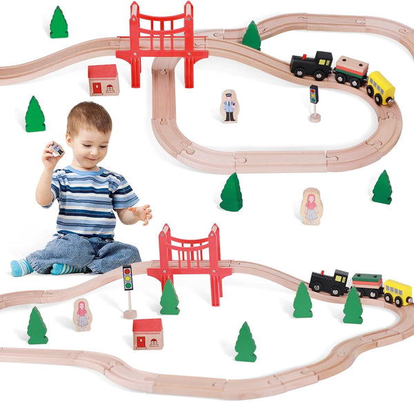 Wooden Train Track Set, 39Pcs Toddler Railway Bridge Toy Train Set with