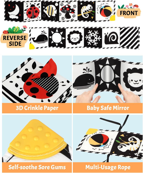 Newborn Toys - High Contrast Baby Books with Teether for 0-12 Months, Sensory Learning Activities Gift