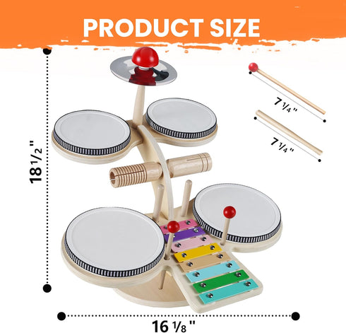Set, 8 1 18 2 3 4 5 6 iPlay, iLearn Toddler Wooden Drum Kids Musical Instruments Toy, in Percussion Drum Kit