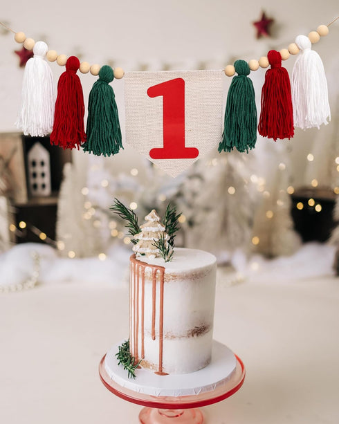 1st Christmas First Birthday High Chair Banner - Oh What Fun it is to be One Highchair Banner, Red and Green Birthday