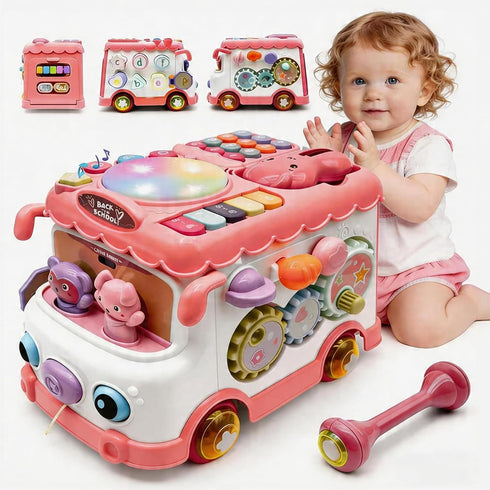 DELUTIQUE Baby Bus Toy for 1 Year Old Girl Gifts, Montessori Musical Bus