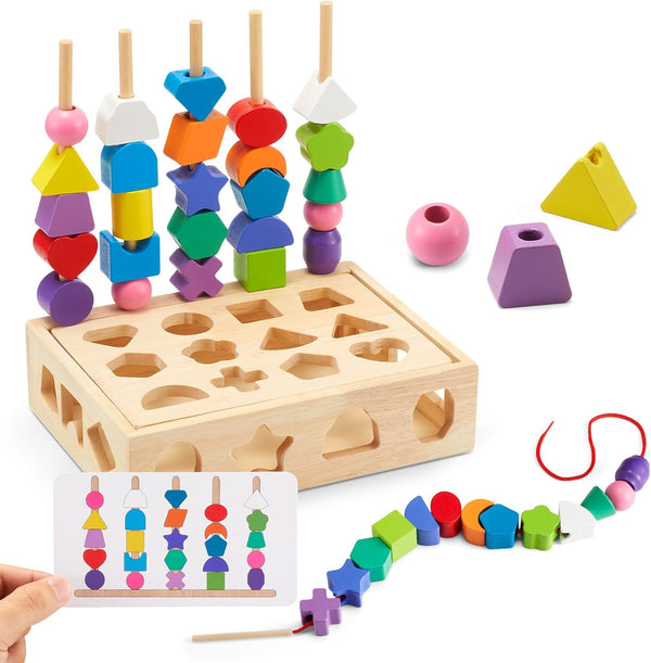Montessori Educational Wooden Toys for Toddler 3-5 Years - Lacing Beads, Stacking Blocks, Shape Sorting Gifts for Kids