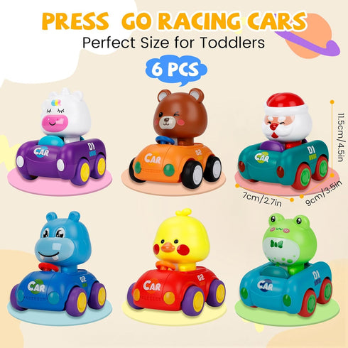 1-3, 6 Pack Set 6-9-12-18 1st 1-2 Press and Go Car Toys for Toddlers Birthday Gifts for Boys, Friction Powered Baby