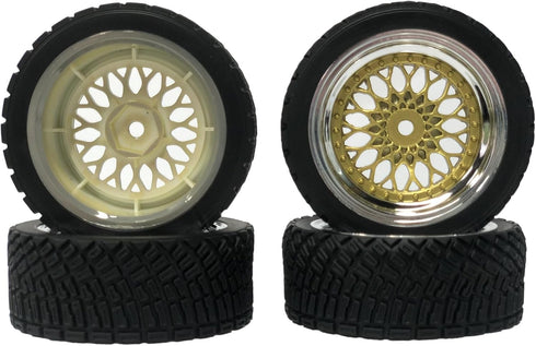 4PCS 65mm RC Rally Car Rubber Tires and Plastic Plating Wheel Rims Set for 1/10 RC On-Road Racing Car (Gold Silver)