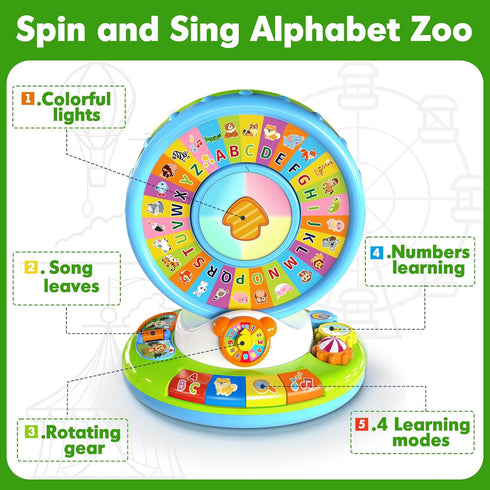 1 2 3 2-3, 1st Duchong Learning Toy for Kids Year Old Boys Girls, Spin and Sing Alphabet Zoo with Sounds, Interactive