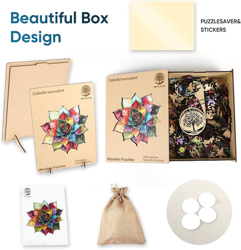 500 5MM 16.8 16.9inch MYS AUR Puzzles for Adults Pieces,Colorful Succulent Wooden Puzzles, Thick Unique Shaped Flower