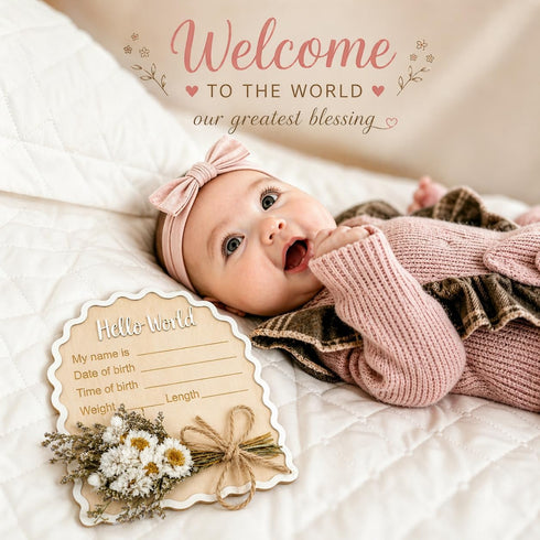 Wonhibo Daisy Newborn Announcement Sign - Baby Hospital Photo Prop Wooden Board Card with Real Pressed Flowers Hello