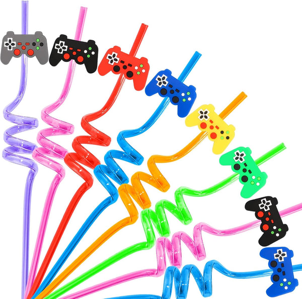 24Pcs Video Game Party Favors Straws, Reusable Drinking Straws for Kids Teen Boys Girls Birthday Party Goodie Bag