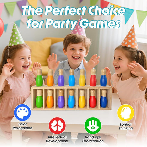 pamexin 7 Family Games for Kids, Wooden Bowling Color Matching Game with Bright Pins and Storage Bag, Family Board