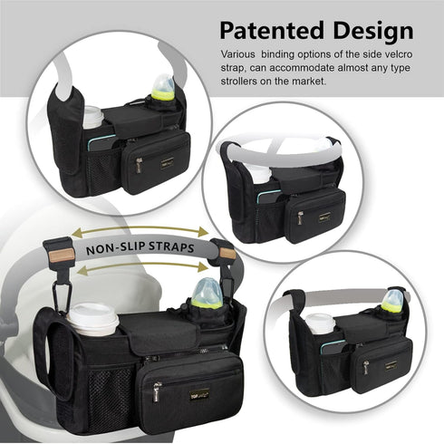 TOPDesign Universal Baby Stroller Organizer, Stroller Caddy with Heightened Insulated Cup Holders & Non-Slip Secure