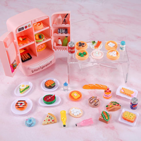 95 Pcs Dollhouse Refrigerator Mini Fridge Table Dining Car Toy with Food Set, Kitchen Furniture Miniatures for Children