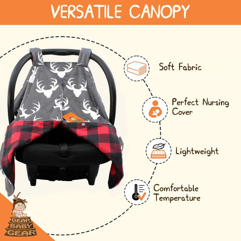 Dear Baby Gear Car Seat Canopy - Baby Carrier Cover - Infant Car Seat Cover - White Antlers, Plaid Red & Black