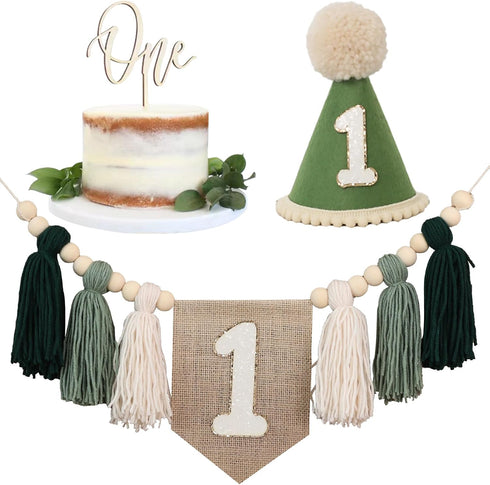 No.1 1st JUIIZAY First Birthday Party Decorations Green High Chair Banner Crown Cake Topper Birthday Decor