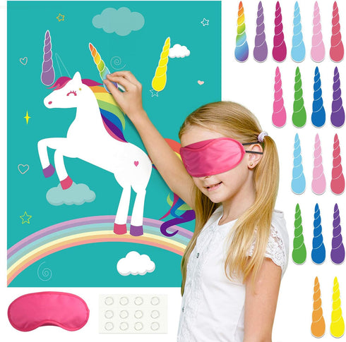 FEPITO Pin The Horn on Unicorn Game for Kids Birthday Party with 24 Horn Stickers Birthday Poster