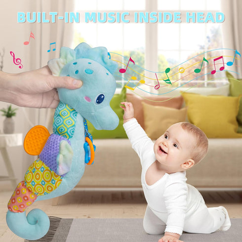 Baby Toys 0-6 Months, Infant Musical Seahorse Stuffed Animals Sensory Toys with Bright Colors, Soft Tummy Time Toy for