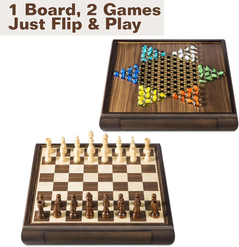 2 1 Set 13" 60 12 2 ELONGDI in Magnetic Chess & Chinese Checkers Wooden Board Game with Storage Drawer and Glass