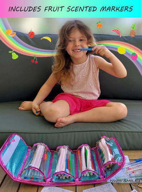 Mermaid Pencil Case With Fruit Scented Markers Art Set, Little Mermaid Gifts For Girls Ages 3-10, Kids Coloring Set