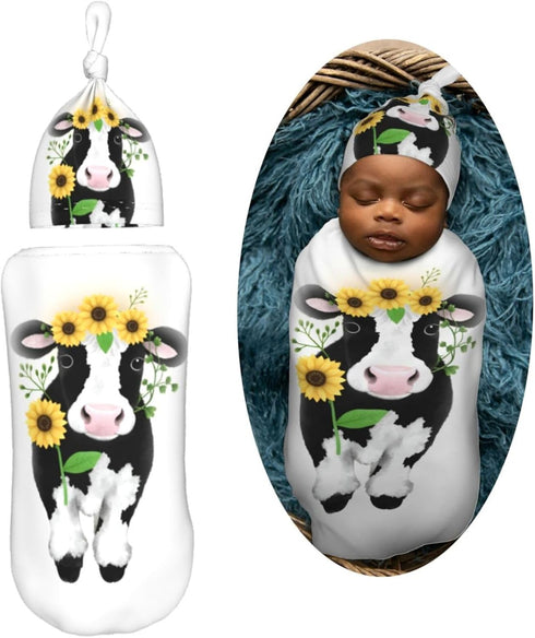 Set Ornate Cow in Sunflowers Newborn Swaddle Blanket with Beanie Soft Baby Sleep Sack Stretch Adjustable Swaddle Wraps