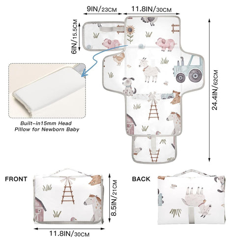 WELLDAY Farm House Animals Portable Diaper Changing Pad - Waterproof Foldable Baby Diaper Changing Pad with Built