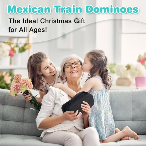 Set 4 12 91 9 Mexican Train Dominoes with Wooden Racks, Double Dominos Game with Dot Tiles, Trains, Hub, Classic Family