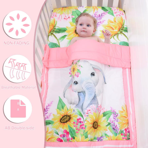 Set 3 Set Set Cloele Crib Bedding for Baby Girls - Piece Elephant Baby Bedding Includes Pink Crib Skirt Crib Quilt