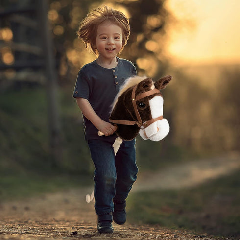 HollyHOME Stick Horse Plush Handcrafted Hobby Horse on a Stick, Real Pony Neighing and Galloping Sounds for Kids