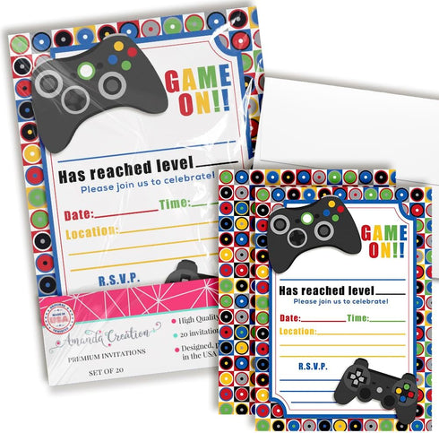 Game On! Video Gamer Birthday Party Fill In Invitations, 20 Fill In Cards with Envelopes by AmandaCreation