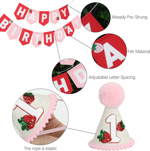 1st DCJHFJ Strawberry High Chair Banner Felt Strawberry Happy Birthday Banner Berry First Birthday Decorations