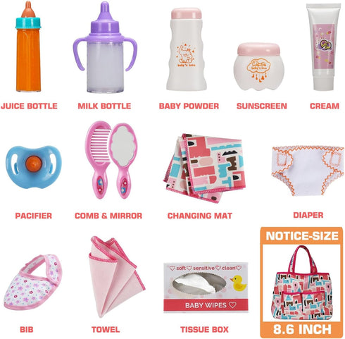 14 Pack Set Set Baby Doll Accessories, Baby Doll Feeding and Caring Includes Diaper Bag, Doll Diapers, Magic Bottle