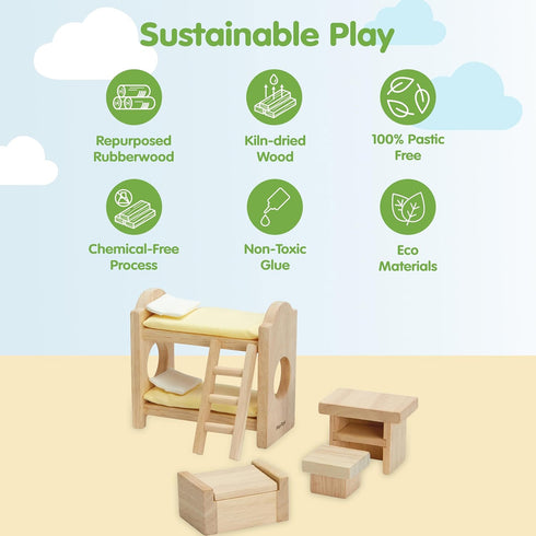 Set PlanToys Wooden Childrens Room Classic for Montessori Small World Play | Creative Role Play and Social Interaction