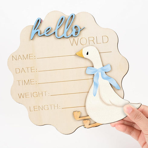 FYSUIMU Silly Goose Birth Announcement Sign Hello World Newborn Sign Blue Bow Goose Newborn Milestone Wooden Board