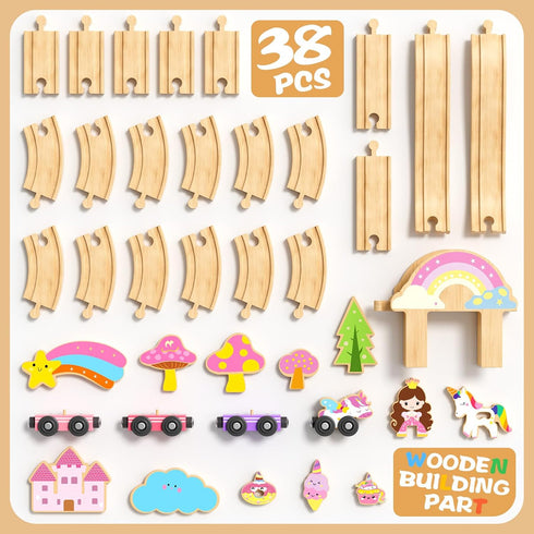 Set 2-4 38 3-5 Unicorn Wooden Train for Toddler Girls Ages Magical Fairy Pcs Toddler Girl Toys with Railway Track