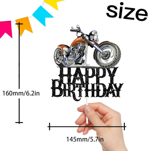 Happy Birthday Cake Topper, Motorbike Theme Kids Party Decor Picks for Motorcycle Racing Decorations (Black)