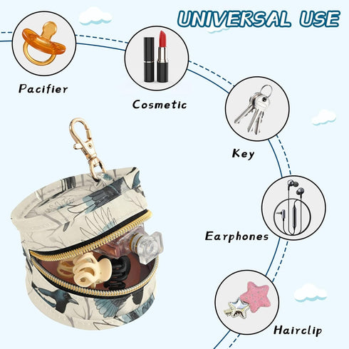 PYBUG Bird Round Pacifier Storage Case, Polyester & TPU Lined with Hook Buckle, Pacifier Container Box for Baby