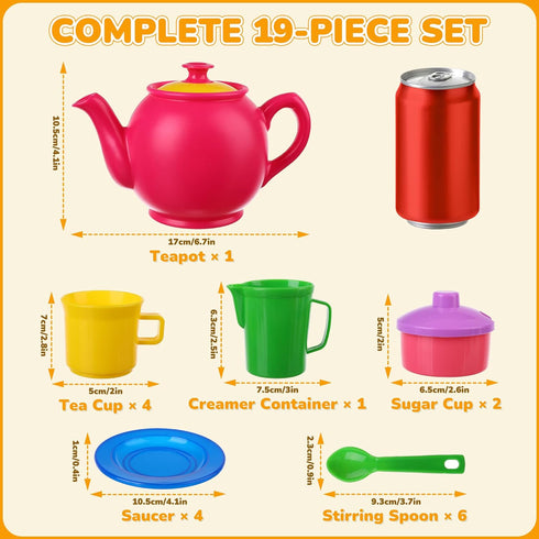 FLORMOON Set, 18-Piece Set 6 Toy Tea Pretend Play with Colors - Includes Teapot, Cups, Saucers, Sugar Jar | Durable