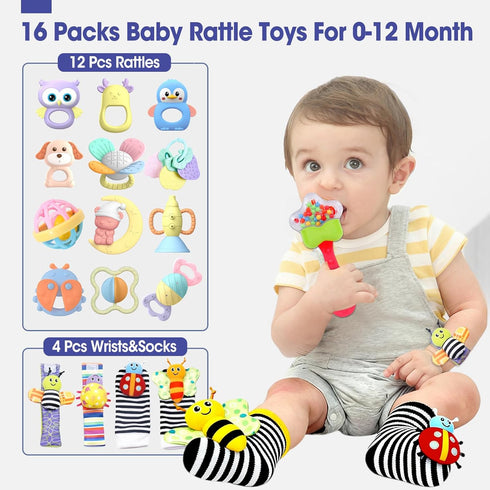 16 Pack 3-6 0-6 6-12 AZEN Baby Rattles Teething Toys Months, Baby Toys Months, Newborn Infant Toys Months, Essentials