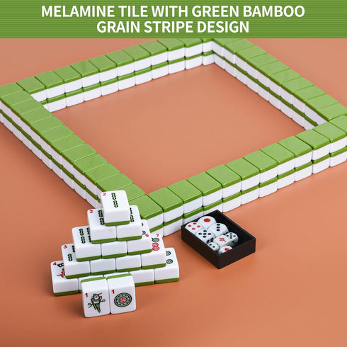 1.18"(30mm) Chinese Green Mahjong Set - 144 + 8 Numbered Tiles, Travel-Friendly with Accessories